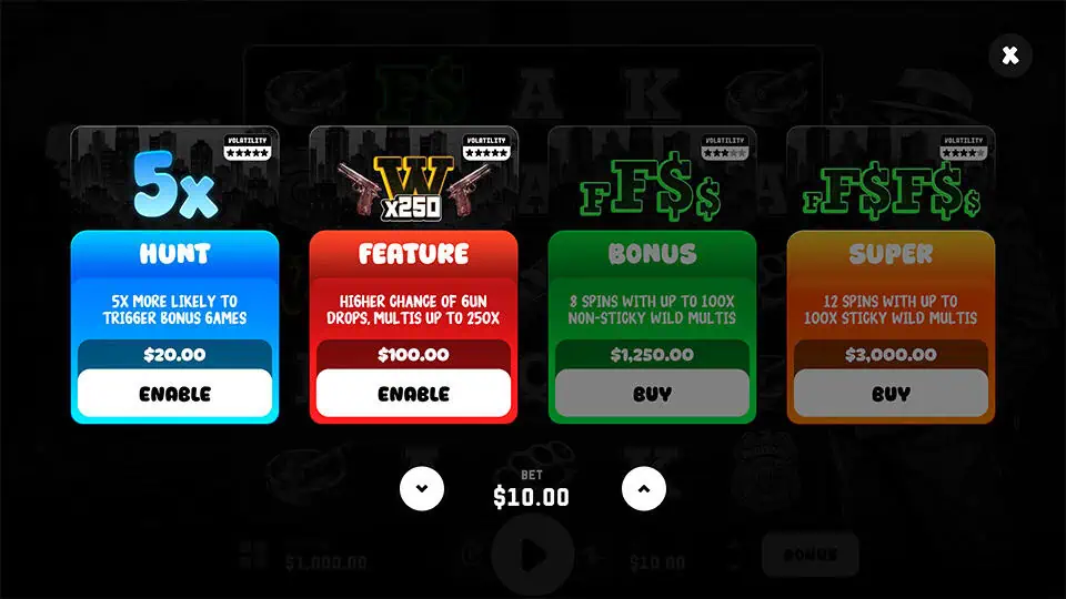 Bonus buy interface offering multiple modes like Hunt, Feature, Bonus, and Super, each with varied volatility and wild multiplier setups.