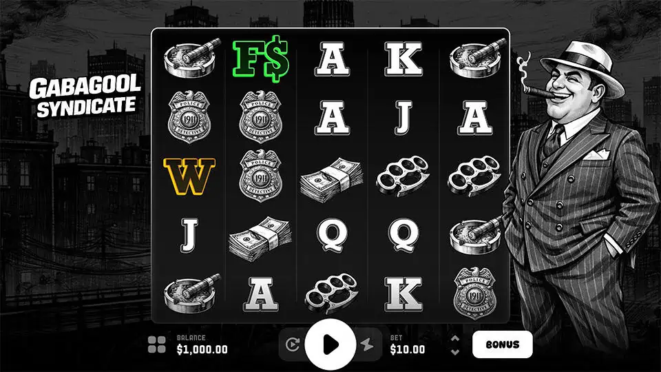 Main game view with monochrome reels, classic gangster-themed symbols, and a smiling mobster on the right side.