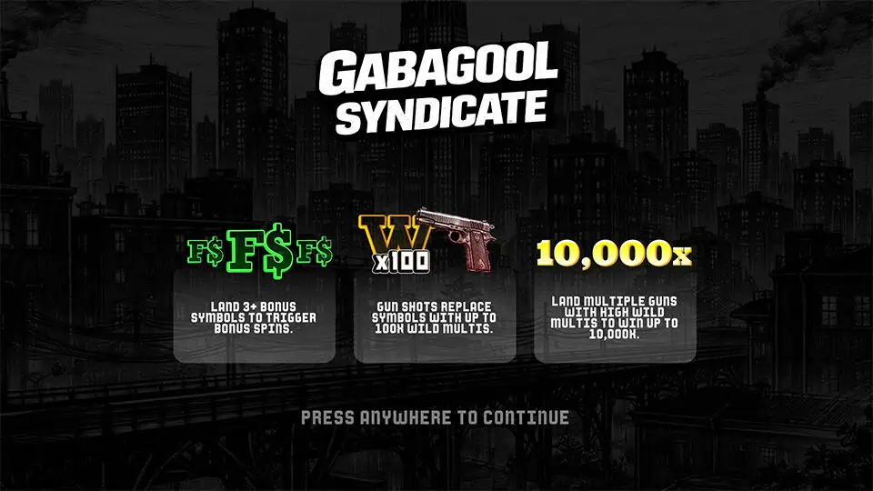 Feature highlights: bonus symbols to trigger spins, gun shots transforming symbols into wilds with multipliers, and max win up to 10,000x.