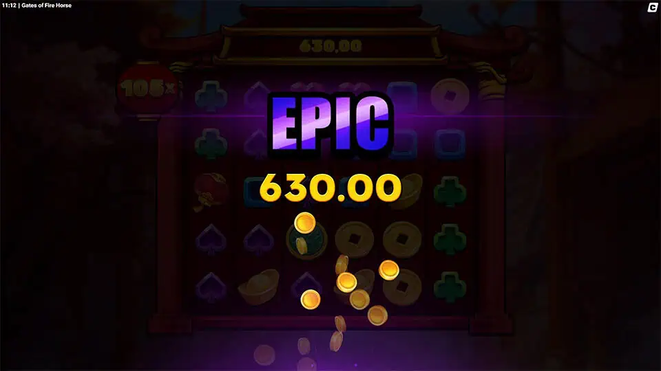 "EPIC" win animation with glowing coins and dark background highlighting the celebration.