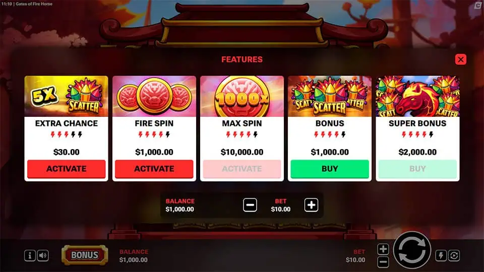 Feature buy menu offering Extra Chance, Fire Spin, Bonus, and Super Bonus activations.