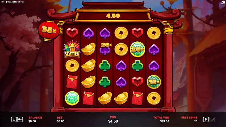 Gameplay showing stacked multipliers like 25x and 15x next to coins, cards, and scatter symbol.