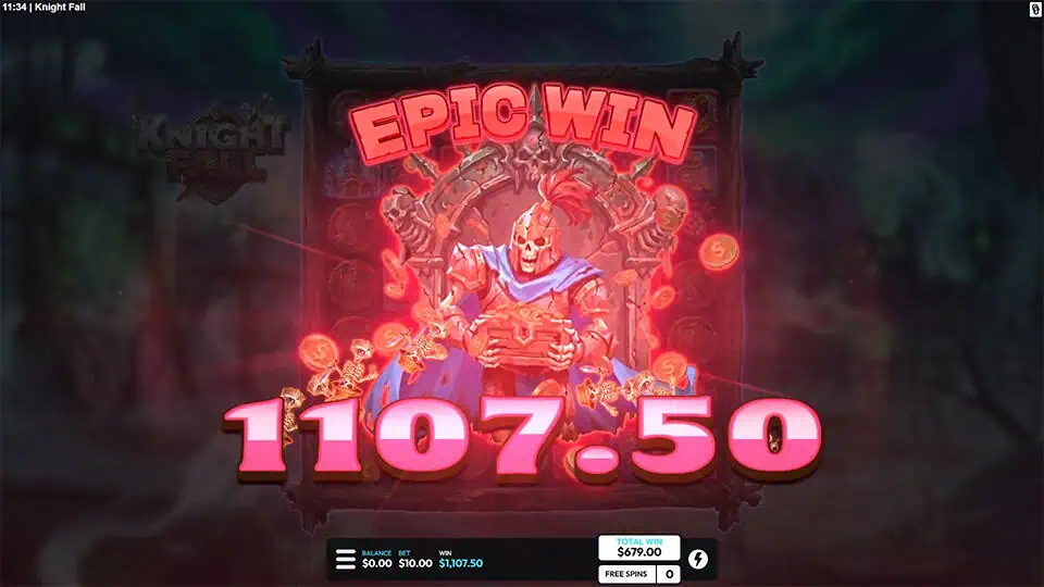 Red “EPIC WIN” message with glowing effects and armored skeleton warrior in the background.