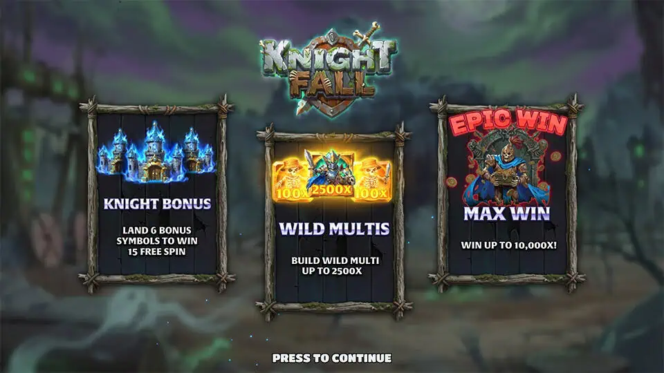 Intro panels explaining knight bonus, wild multipliers up to 2500x, and a 10,000x max win.