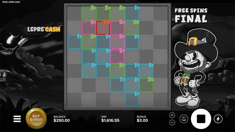 Gameplay grid filled with colored multiplier frames like 2x and 10x highlighting cluster positions during free spins.
