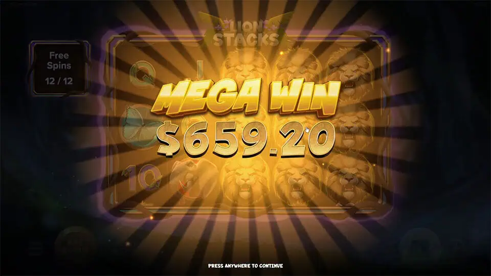 Bright “MEGA WIN” animation with golden rays and full lion reel stack visible in the background.