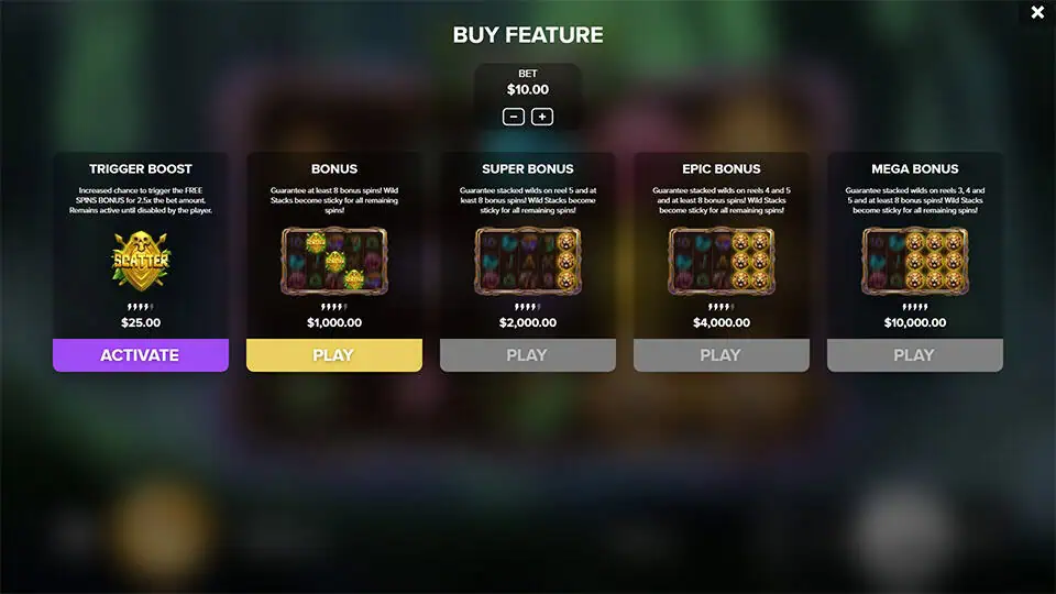 Bonus buy menu with Trigger Boost and four tiers of feature purchases, each offering increased stacked wilds and free spins.