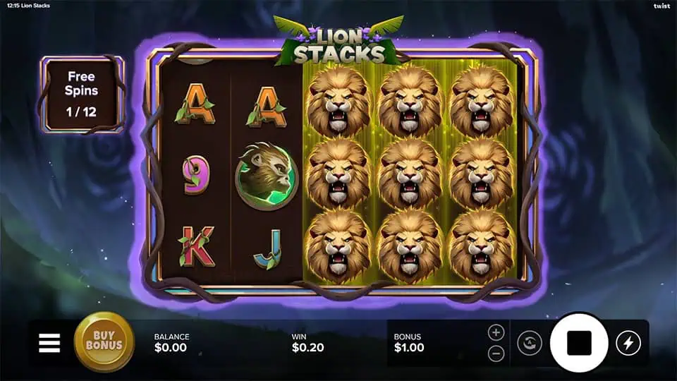 Free spins mode with reels 3, 4, and 5 fully covered in lion wilds, glowing purple aura behind the grid.