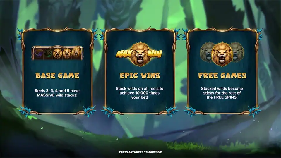 Feature breakdown showing stacked wilds, sticky wilds during free spins, and potential for 10,000x wins.