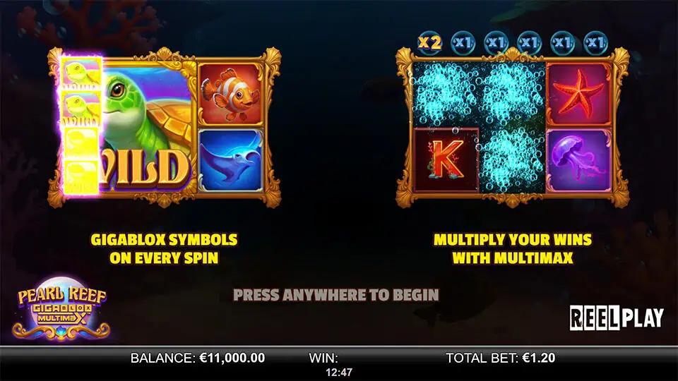 Pearl Reef Gigablox Multimax slot intro screen