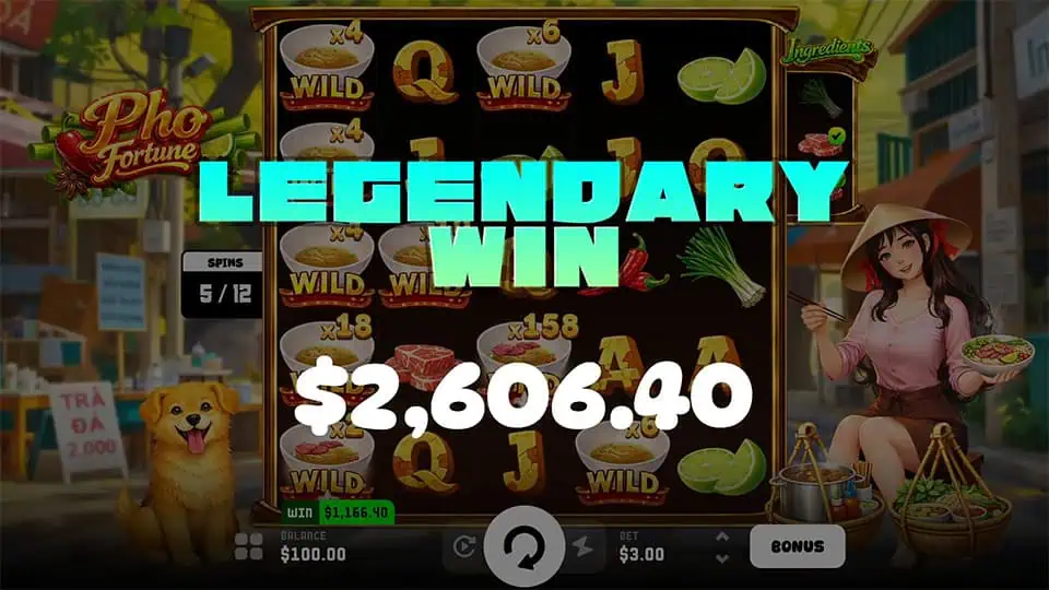 "LEGENDARY WIN" in bold text with bright animation, showcasing a massive win during bonus spins.