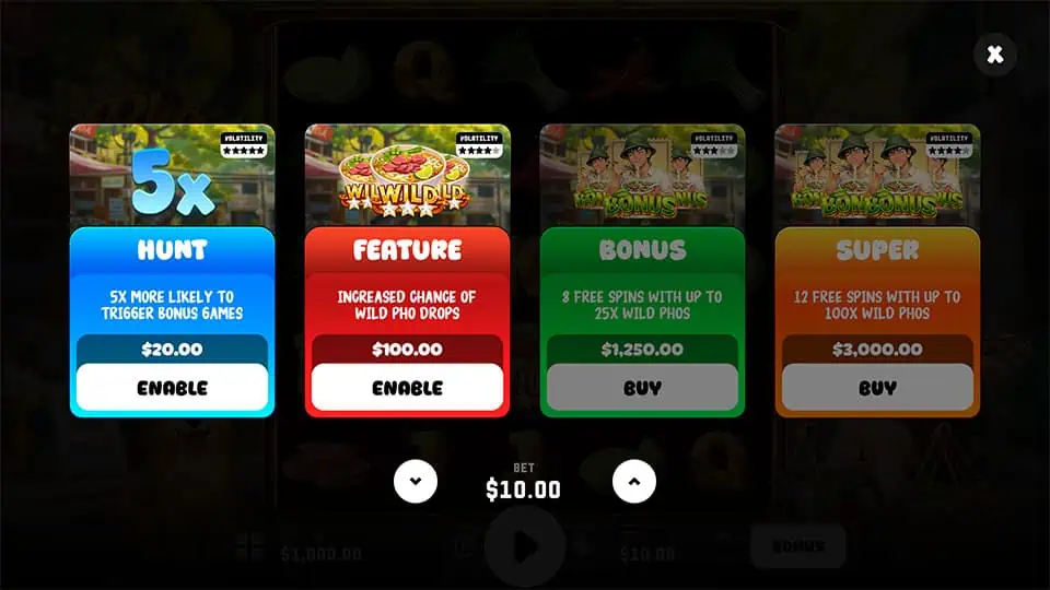Bonus selection screen with 5x hunt, wild boost feature, and bonus/super free spin buys.