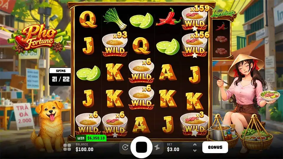 Bonus gameplay with wild pho symbols reaching multipliers over x150, alongside ingredient symbols on the reels.