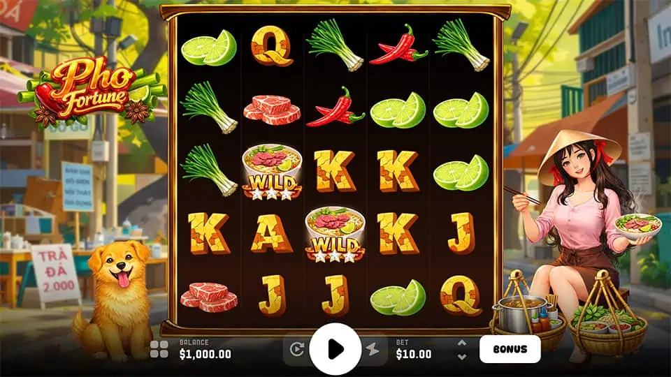 Base game screen with colorful ingredients like lime, beef, chili, and spring onions on the reels. A girl sits on the right eating pho next to a cute dog.