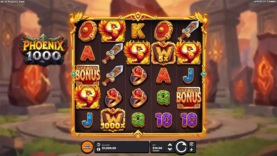 Main reels with phoenix, swords, and bonus symbols.