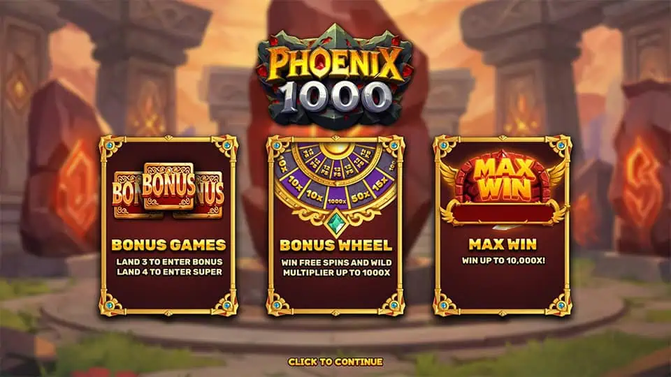 Intro screen showing bonus entry, wheel with multipliers up to 1000x, and max win up to 10,000x.