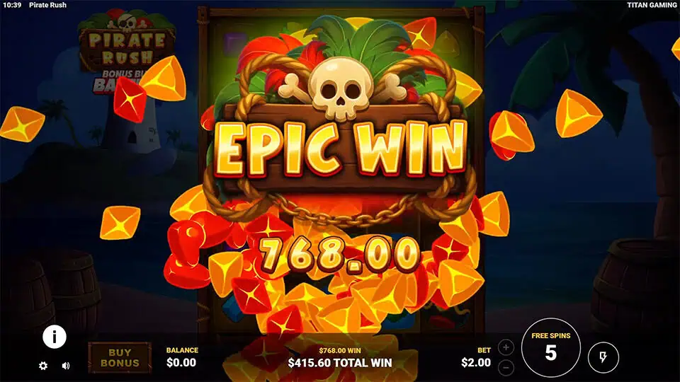 “EPIC WIN” sign bursts with gems and tropical leaves over dark reels.