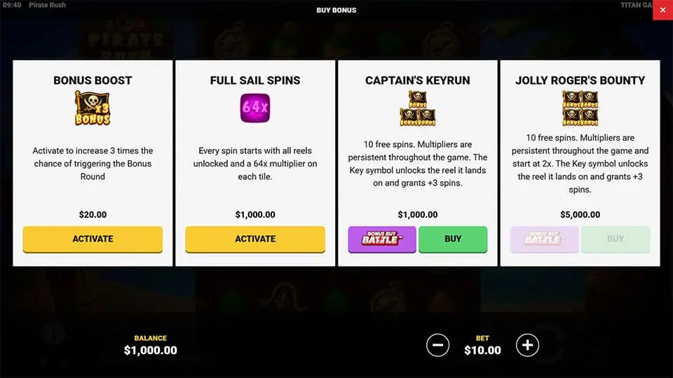Four buy features including Bonus Boost, Full Sail Spins, and Keyrun modes.