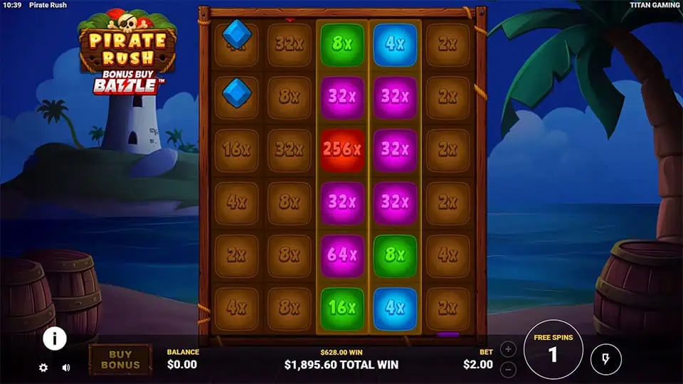 Grid showing colored tiles with multipliers up to 256x and locked slots.