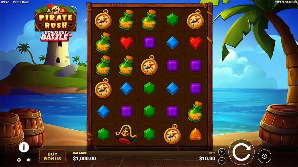 Reels filled with potions, gems, anchors, and compasses on a beach backdrop.