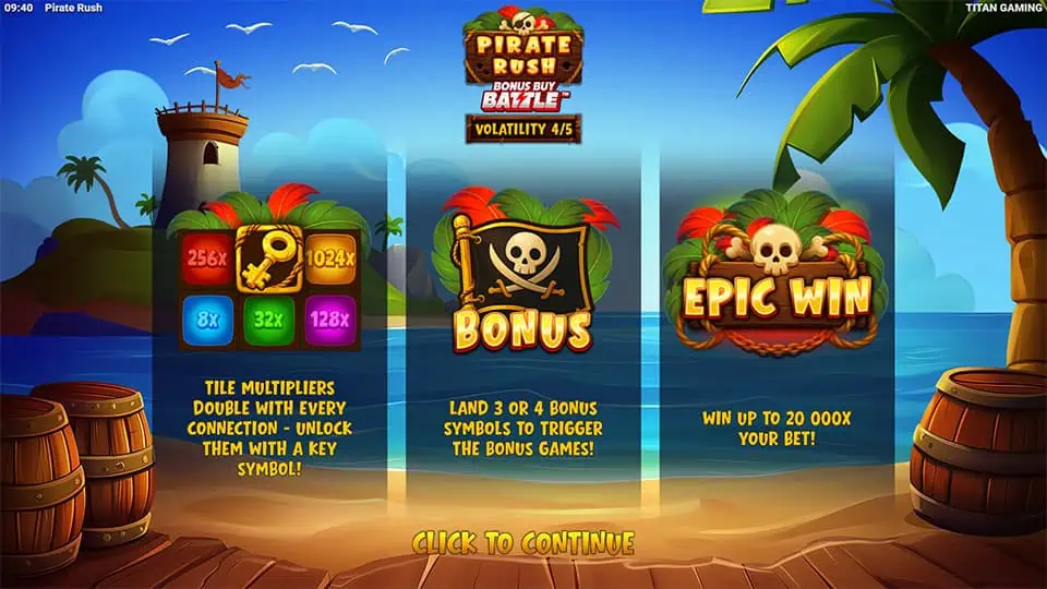 Bonus and features overview with symbols, tile multipliers, and max win panel.