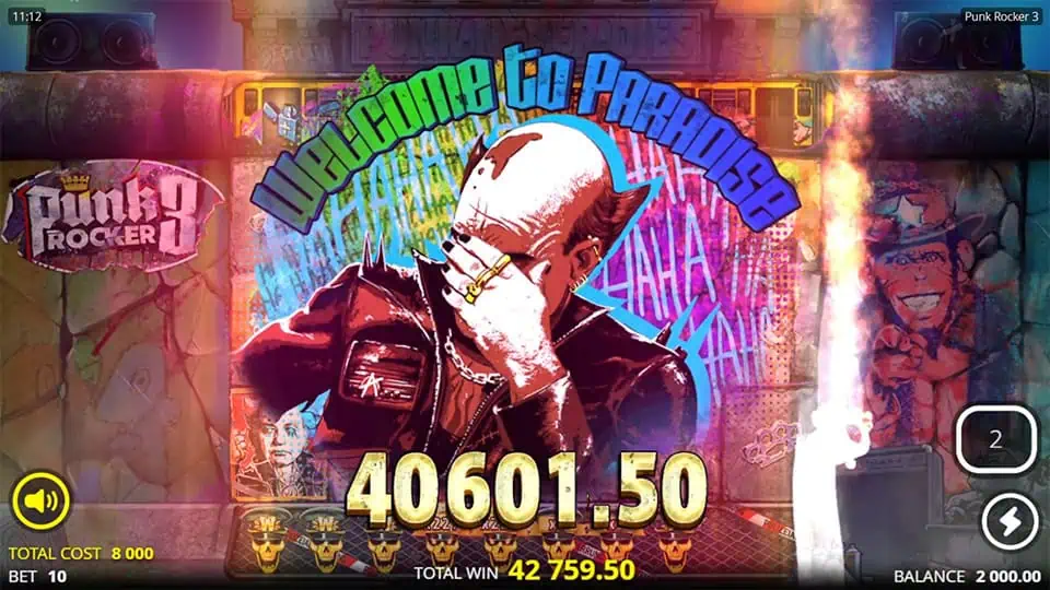 “WELCOME TO PARADISE” win screen with a rebellious punk rocker celebrating amid flames, graffiti, and explosive visual effects.