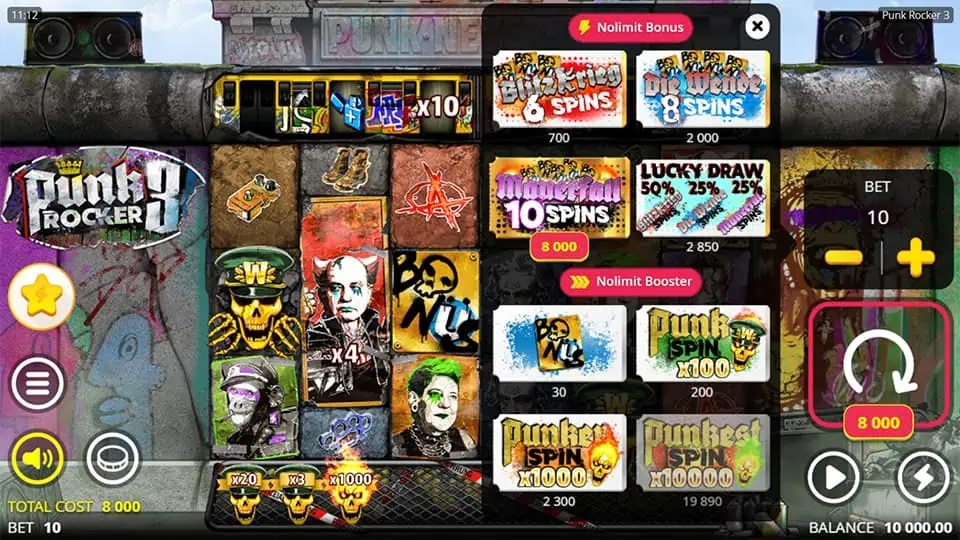 Bonus selection menu displaying Nolimit Spins, Die Hard Spins, Mayhem Spins, Lucky Draw, and Nolimit Booster options.