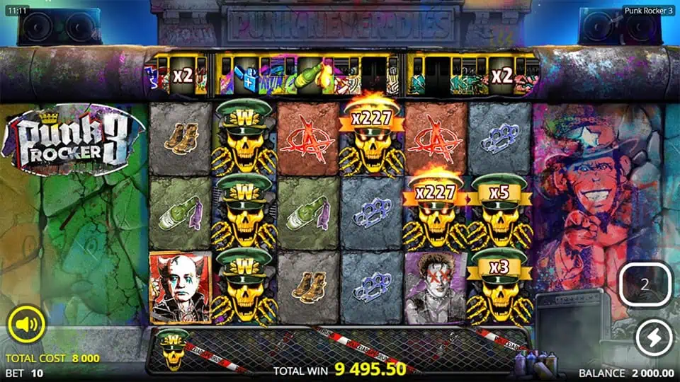 Explosive wild skull symbols appearing with fiery multipliers across the reels.