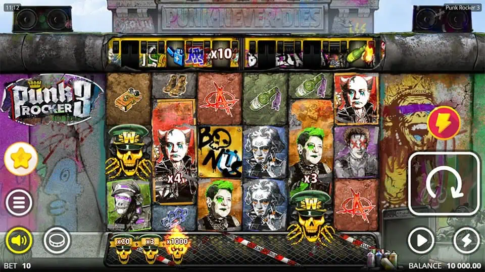 Edgy reel grid featuring punk-themed symbols, skull wilds, graffiti icons, and a subway train multiplier track above.