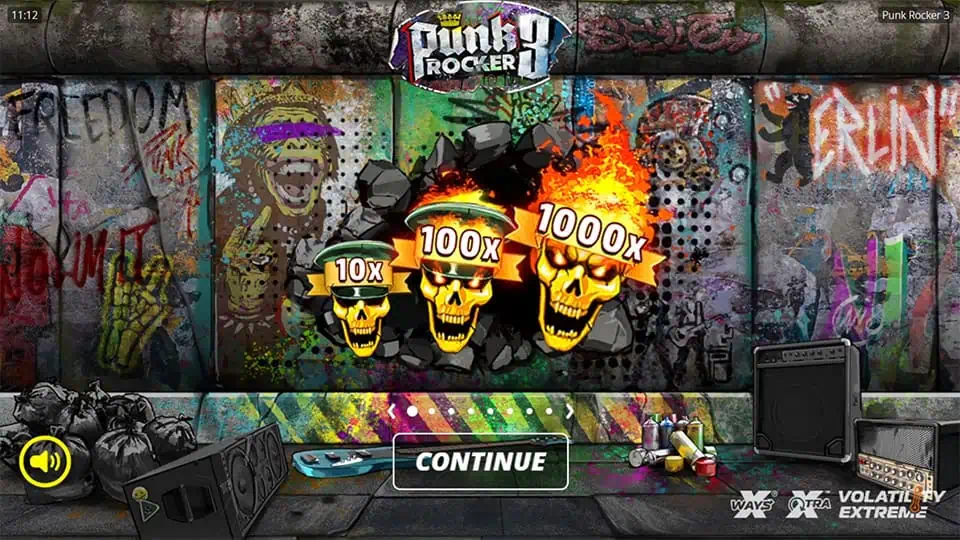 Feature introduction highlighting multiplier skulls, wild mechanics, and the high-volatility punk-themed gameplay environment.