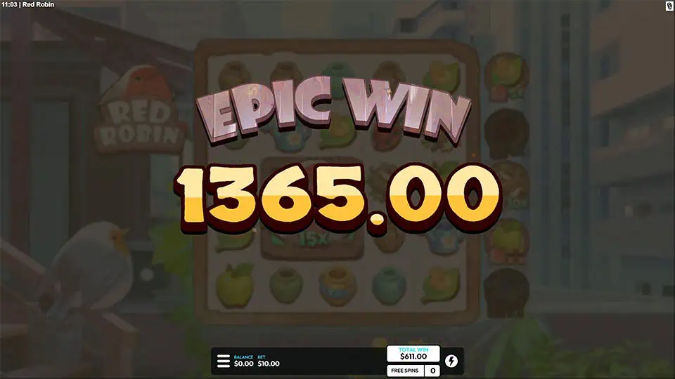Dimmed background with large “EPIC WIN” text across the center and the win amount in bold gold font underneath.