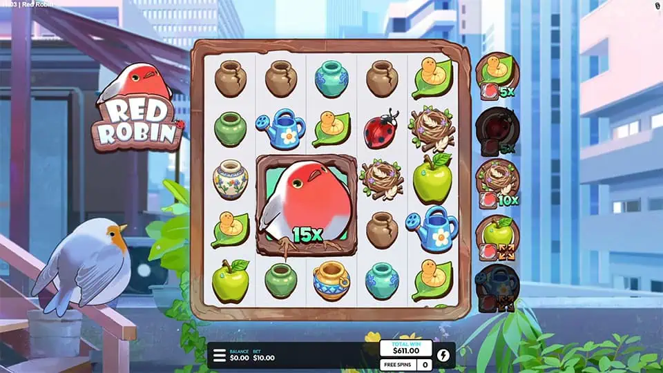 Red robin wild appears large on the reels with a 15x multiplier, alongside collected symbols stacked on the side.