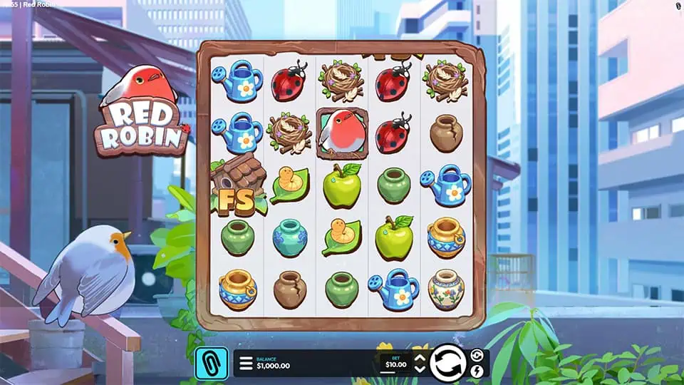 Game screen with five reels showing watering cans, ladybugs, apples, vases, and the red robin symbol, framed by an urban rooftop garden.