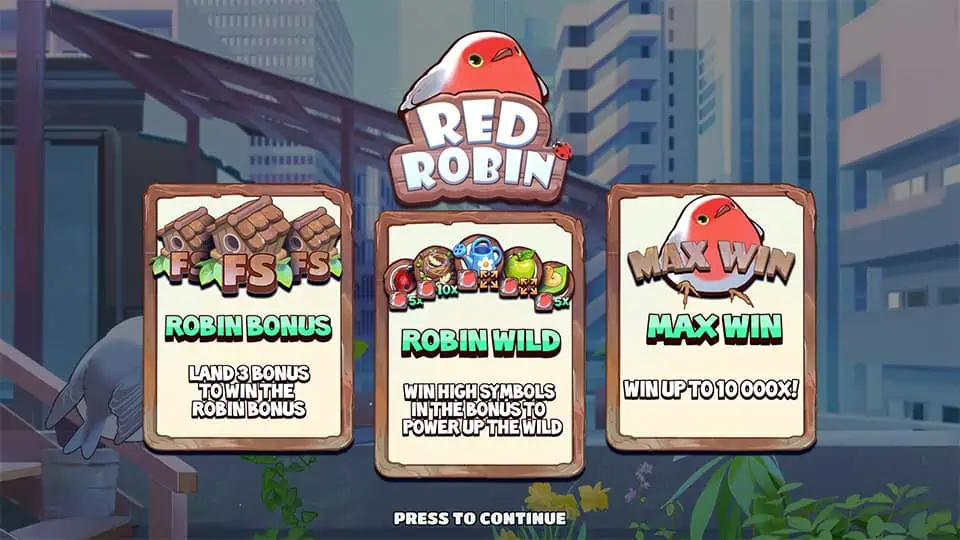 Feature overview with bonus trigger, robin wild power-ups, and a 10,000x max win, all displayed on wooden signs.