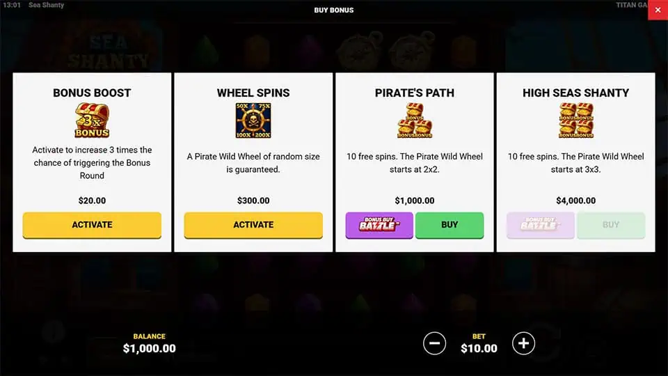 Buy Bonus menu showing Bonus Boost, Wheel Spins, Pirate’s Path and High Seas Shanty with activate and buy buttons.