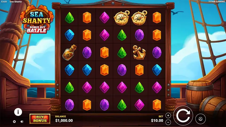 Main game grid filled with colorful gems, anchors, compass symbols and pirate items set on a wooden ship deck at sea.