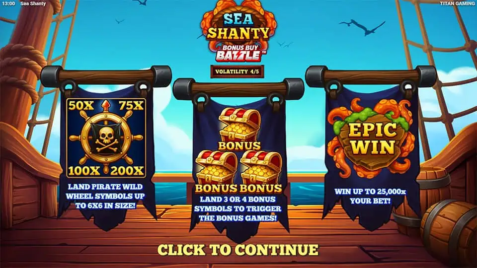 Feature banners highlighting Pirate Wild Wheel, Bonus chests and Epic Win potential up to 25,000x with ship deck background.
