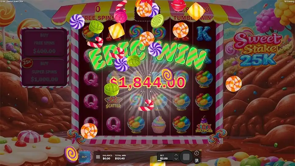 “EPIC WIN” text bursting across the reels with flying candies and glowing effects during a big tumble sequence.