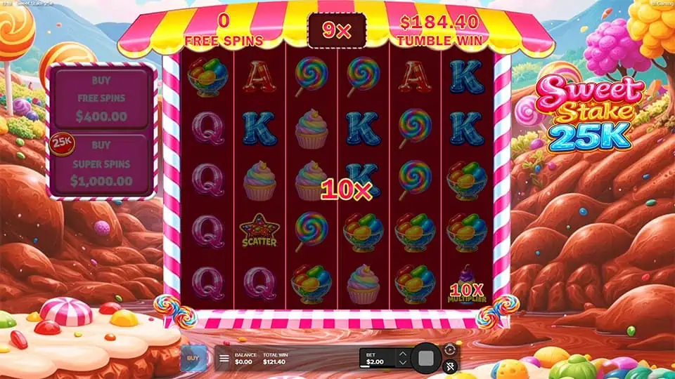 Free spins gameplay showing 10x multiplier symbol on the reels with increasing top multiplier meter during tumbles.