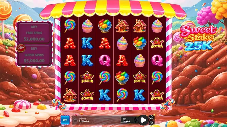 Main slot interface with cascading candy symbols, cupcakes, lollipops and Scatter stars on a vibrant sweet-themed grid.