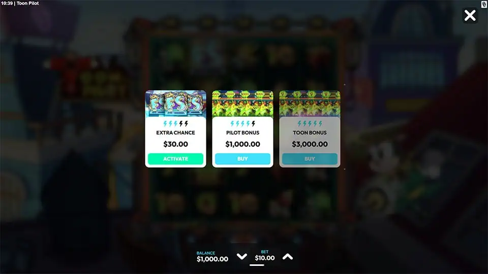 Buy menu with Extra Chance, Pilot Bonus, and Toon Bonus features.