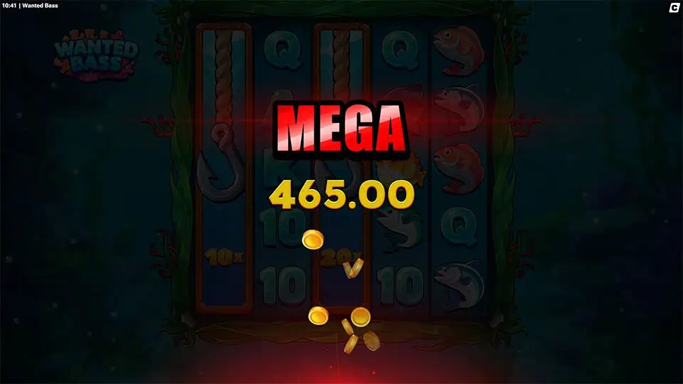 Darkened underwater scene with “MEGA” win message in bold red text and golden coins bursting upward from the reels.