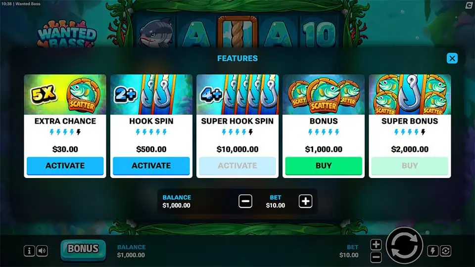 Bonus buy menu showing options like Extra Chance, Hook Spin, Super Hook Spin, and Bonus variants, each with distinct scatter or hook setups.