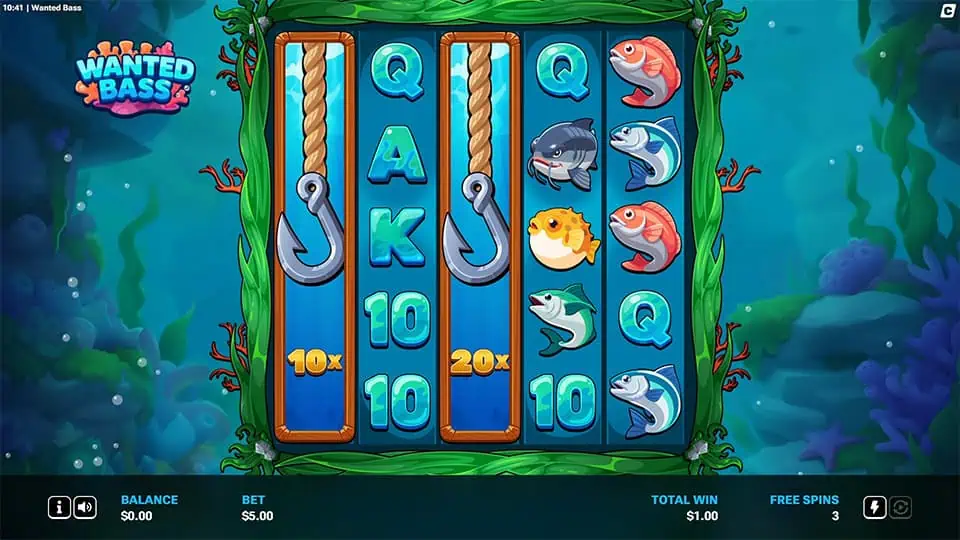 Reels display large fishing hook wilds stretching vertically, with visible multipliers like 10x and 20x.