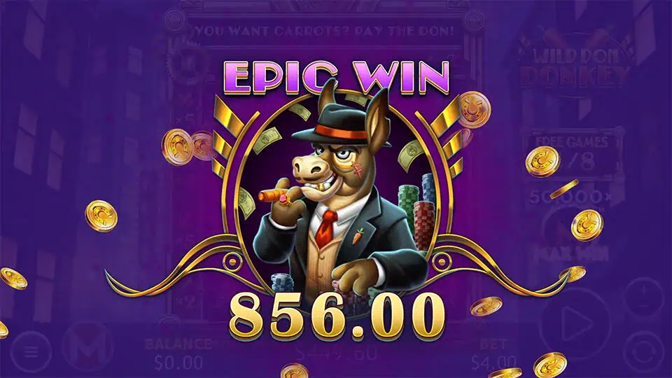Mobster donkey in a suit appears under “EPIC WIN” as gold coins fly across a purple screen.