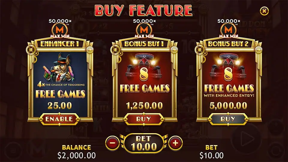 Three buy options with Enhancer and Free Games, shown on golden cards with max win info.