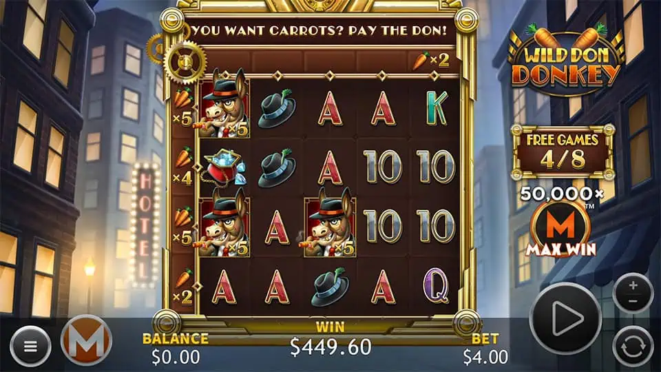 Free spins round with locked donkey wilds and carrot multiplier tracker.