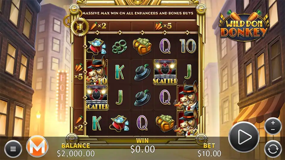 Reels filled with donkeys, hats, cash, and scatters in a city street setting.