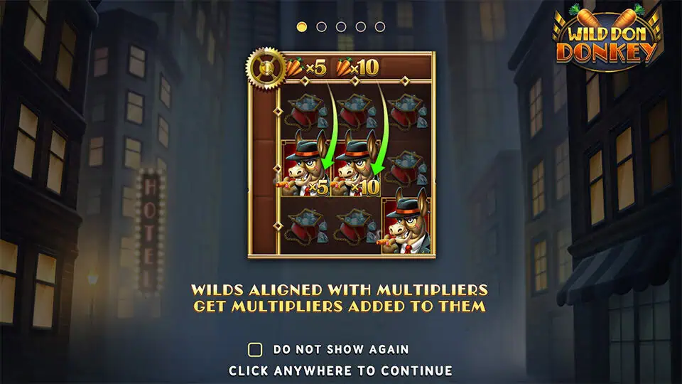 Tutorial slide showing wilds gaining multipliers when aligned with boosters.