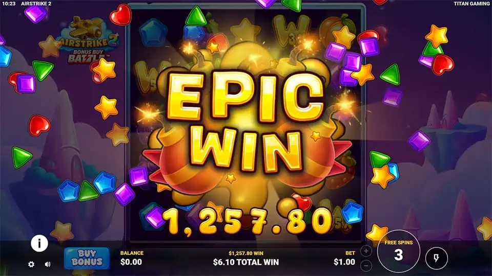 Golden “EPIC WIN” banner bursting with confetti and colorful symbols during an exciting free spins round.